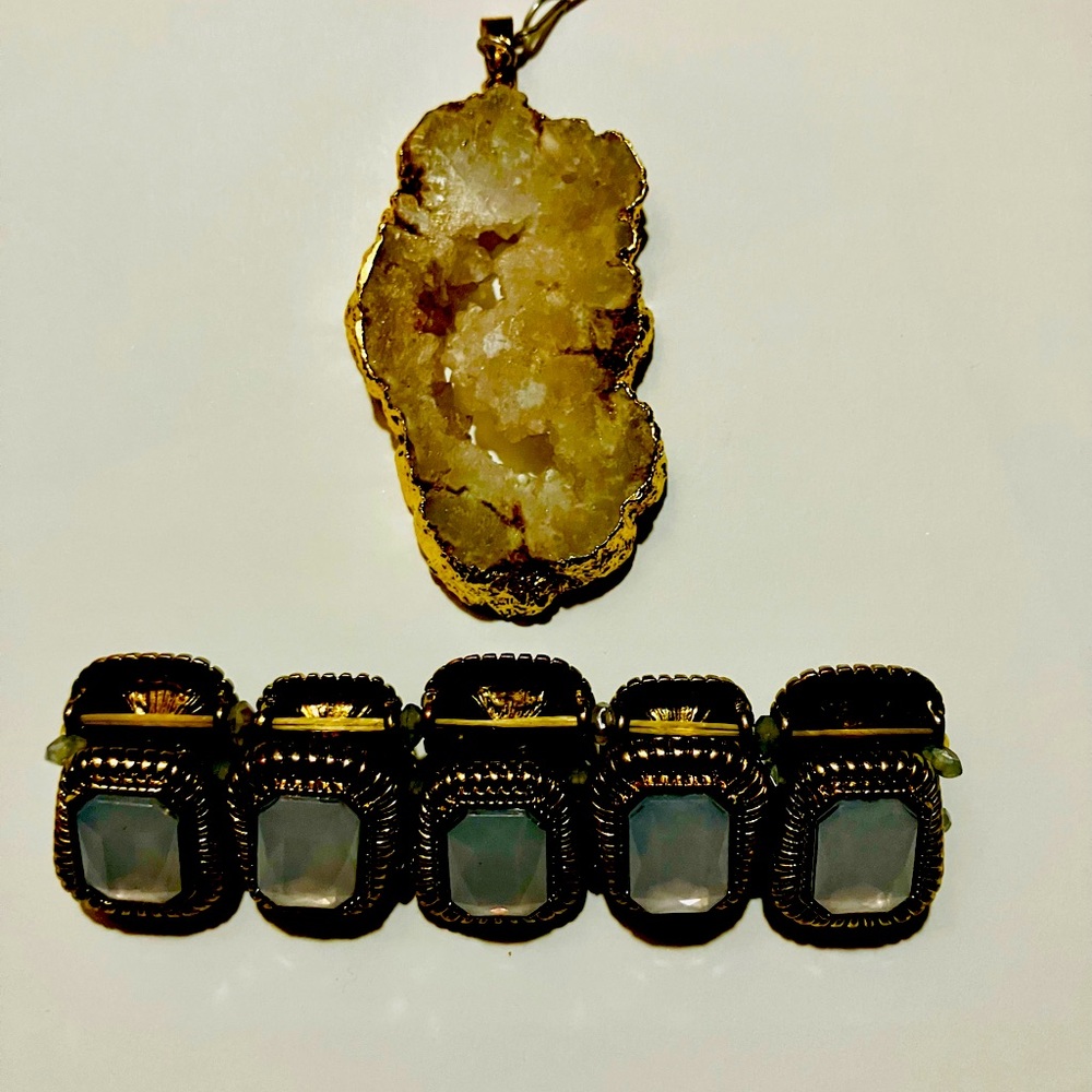 14k dipped geode slice and vintage German glass bracelet